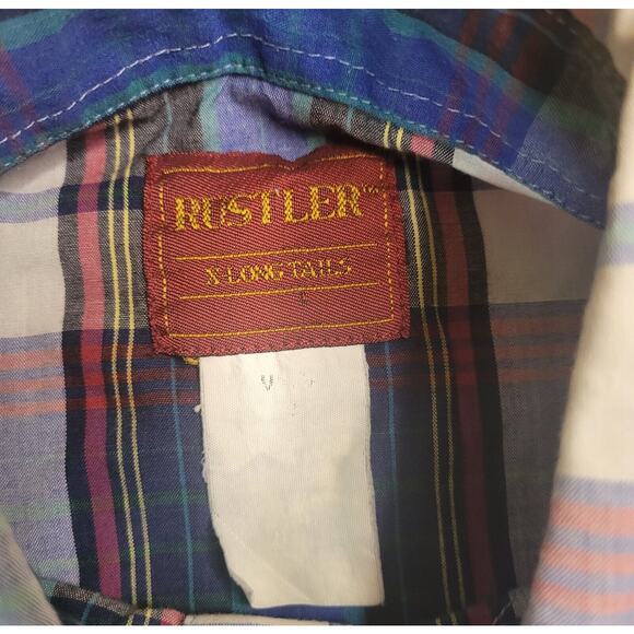Rustler Western Pearl Snap Shirt M Blue Plaid VTG X-Long Tails • EUC - Picture 6 of 6